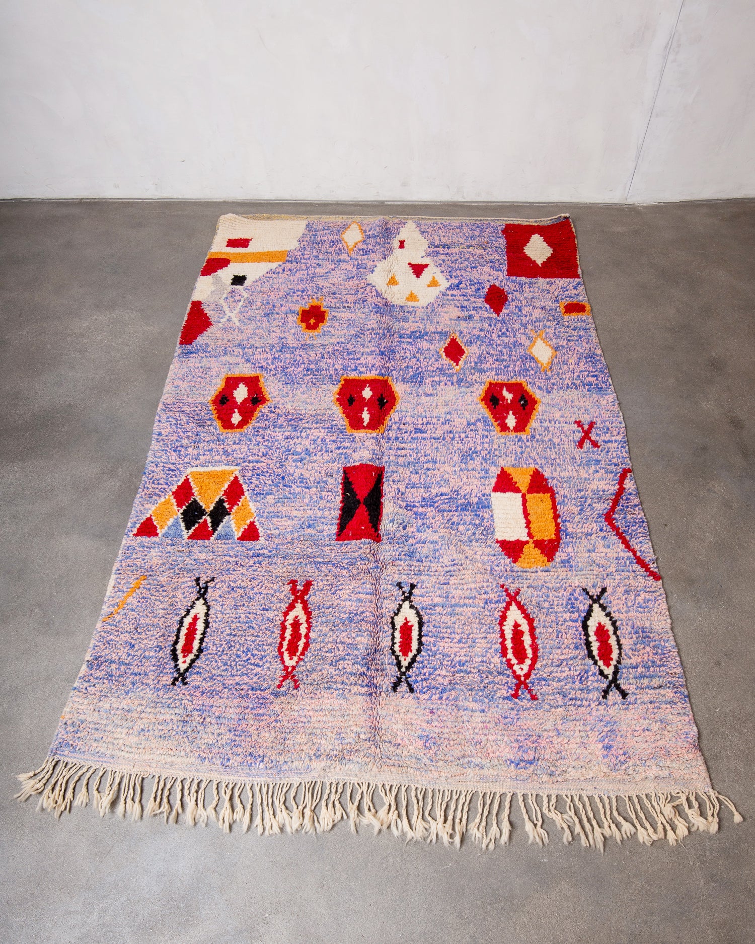 Modern, designer, handcrafted Berber rug from Morocco. Vintage carpet with beautiful colours and patterns and fluffy texture.